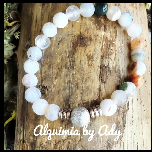 Rutile/white rutilated quartz and agate beaded handmade bracelet - Picture 1 of 3